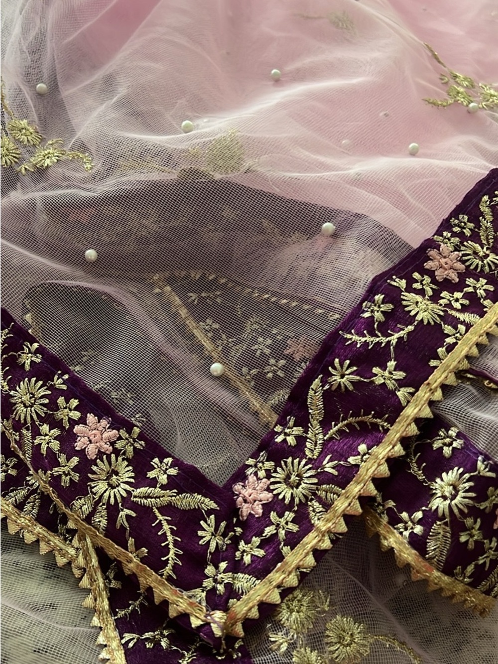Embroidered Purple & Pink Bridal Dupatta with Gold Accents